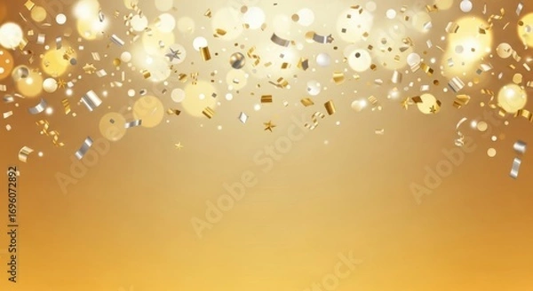 Fototapeta Golden confetti and bokeh lights create a festive celebration background