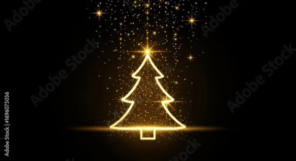 Fototapeta Golden christmas tree with sparkling glitter and lights on black background