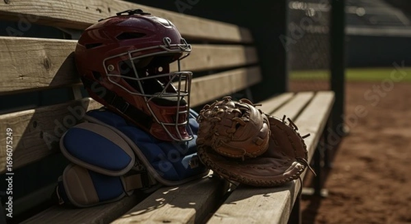 Obraz A baseball catcher's helmet, mitt, and chest protector resting on a wooden dugout bench.