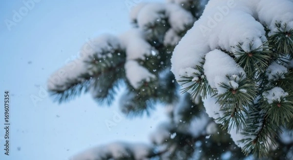 Fototapeta Closeup of a snowcovered pine tree branch against a clear blue sky