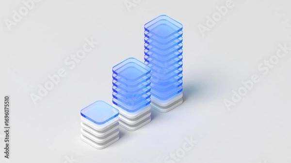 Fototapeta Abstract column chart. Solid and translucent. White and blue color. Glassmorphism. Copy space. Graph. 3d illustration.