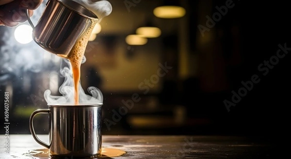 Fototapeta Teh tarik pulling stream between metal mugs with froth crown, cafe smoke backdrop