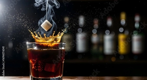 Fototapeta Kopi tubruk with sugar cube drop, bubbles geyser and micro droplets, moody bar background