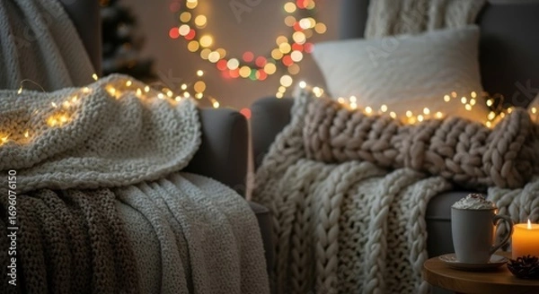 Fototapeta Cozy winter evening with warm blankets and twinkling lights