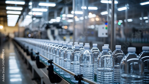 Fototapeta Automated production line for bottled water with rows of clear plastic bottles moving
