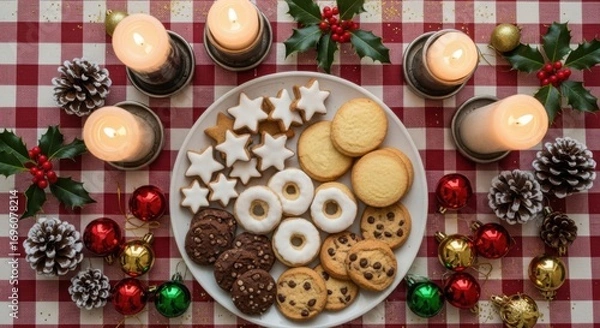 Fototapeta Christmas cookies and candles on a checkered tablecloth