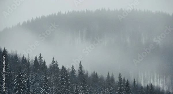 Fototapeta Snow falling gently over a dense, misty winter forest on a hill