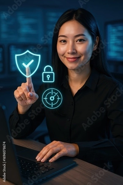 Fototapeta an Asian woman in dark clothes with a happy smile and glowing graphic interface for cybersecurity concept, digital protection and data privacy on the blurred dark background.