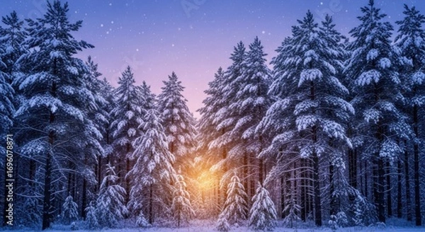 Fototapeta Snowcovered pine forest at dusk with a warm glow from within
