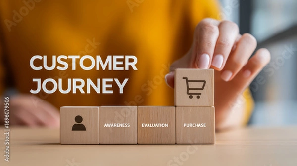 Fototapeta A hand arranges blocks labeled "Customer Journey" with key stages: Awareness, Evaluation, Purchase, symbolizing marketing processes.