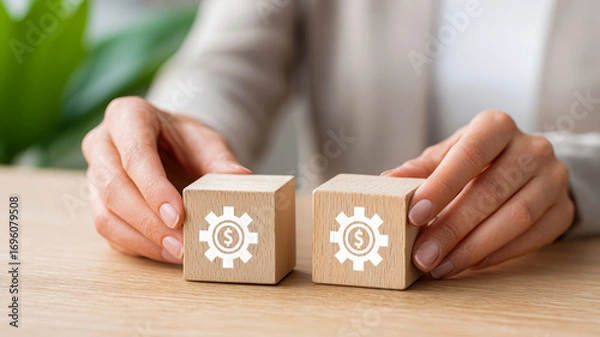 Fototapeta A person holds wooden blocks with dollar signs and gears, symbolizing finance and business concepts.