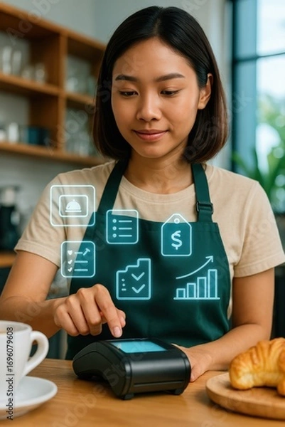 Fototapeta A barista uses a point-of-sale system, demonstrating modern business and technology integration