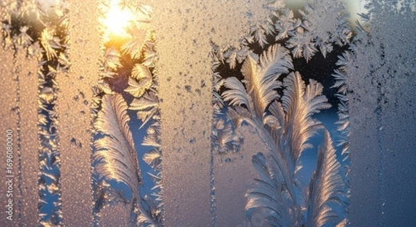 Fototapeta Intricate frost patterns form on a window pane with the sun shining through