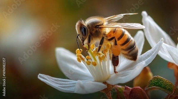Fototapeta A bee delicately gathers pollen from a pristine white flower, embodying the essence of nature's harmony. Golden pollen sacs are attached to its legs.