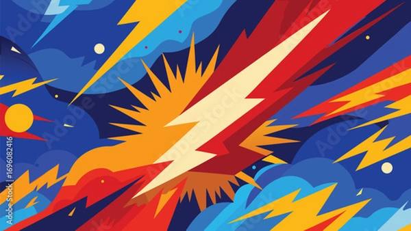 Fototapeta Vector illustration of thunder and lightning in pop art style. Colorful background.