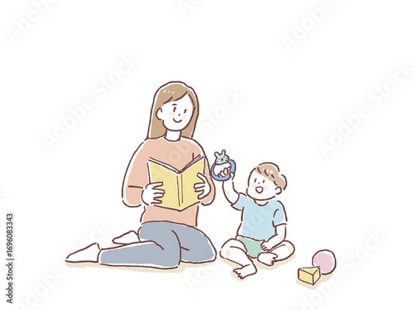 Fototapeta 本を読むお母さんと、おもちゃで遊ぶ赤ちゃん、子供