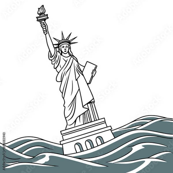 Obraz Statue of liberty sinking into stormy ocean waves symbolizing crisis and disaster