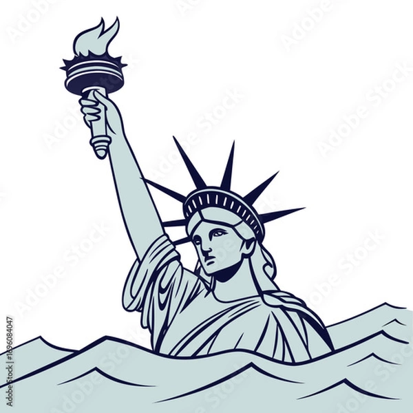 Obraz Stylized illustration of the statue of liberty emerging from stylized blue waves against a white background