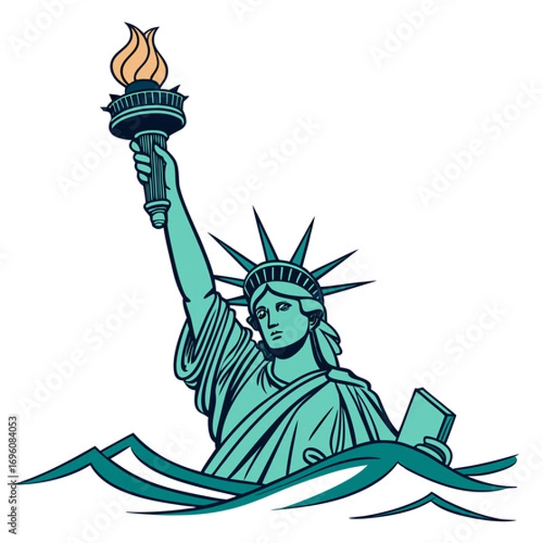 Obraz Stylized illustration of the statue of liberty emerging from stylized ocean waves with torch held high