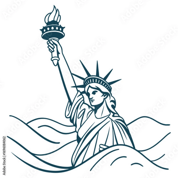 Obraz Stylized illustration of the statue of liberty emerging from stylized waves in a dark teal outline