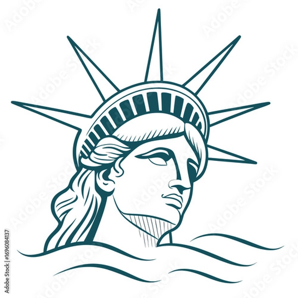 Obraz Stylized line art illustration of the statue of liberty head emerging from stylized waves