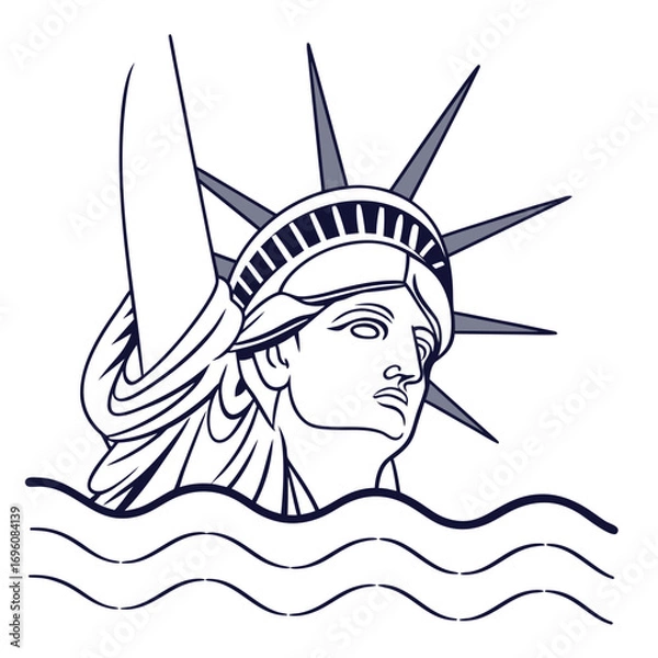 Obraz Stylized line art illustration of the statue of liberty s face emerging from wavy water