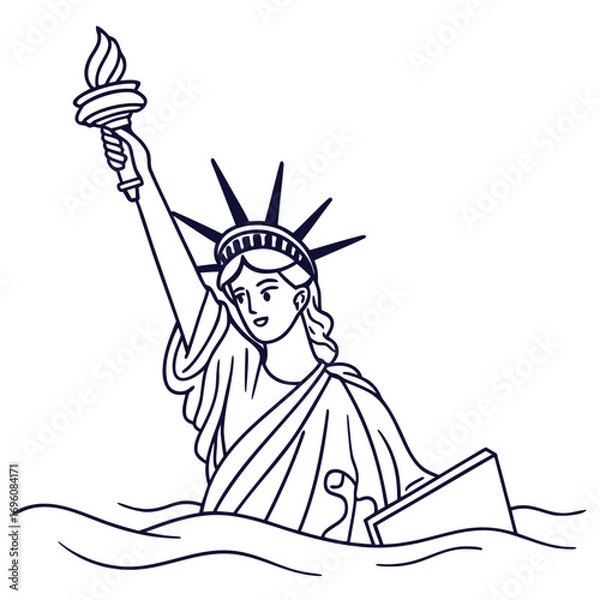 Obraz Stylized outline drawing of the statue of liberty emerging from wavy water with a torch held high