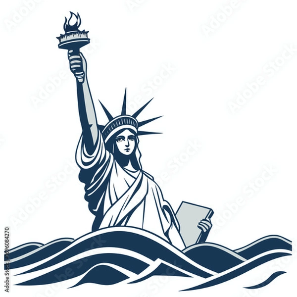 Obraz Stylized statue of liberty emerging from stylized waves against a white background