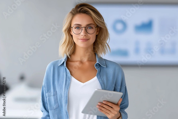 Fototapeta Professional woman engaging with large screen display in modern office environment