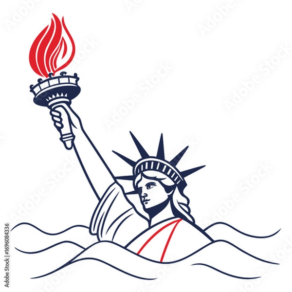 Obraz Stylized statue of liberty with red flame and blue lines emerging from water