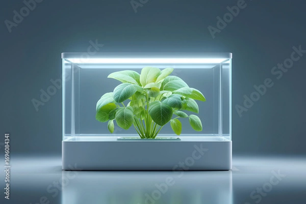 Fototapeta Clean laboratory with green plant under uv light modern science environment minimalist design