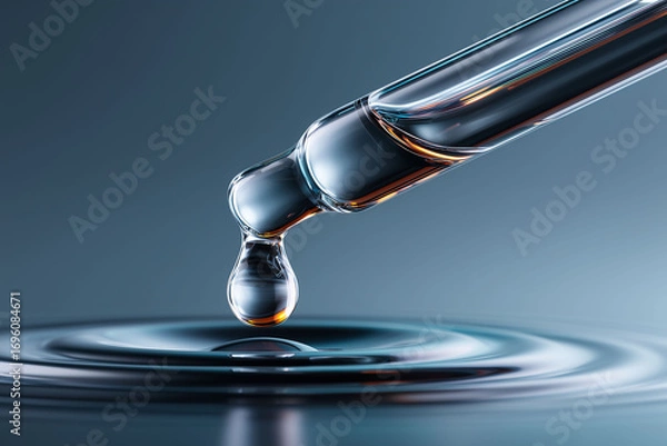 Fototapeta Precision liquid dispensing single pipette drop over water surface science laboratory close-up minimalist design
