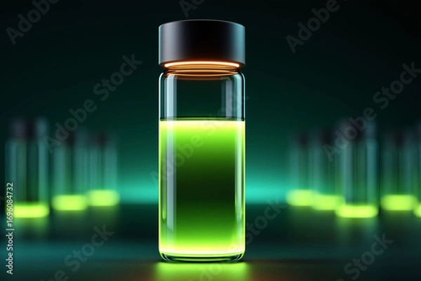 Fototapeta Glowing green solution in test tube laboratory setting scientific experiment dark environment close-up view