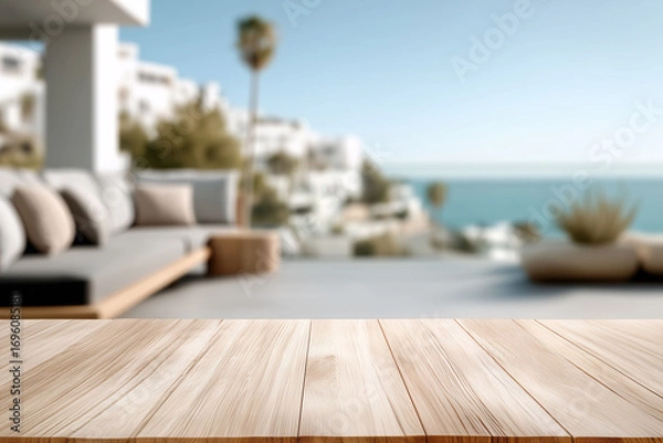Fototapeta Relaxing outdoor villa scene with blurred background empty wooden table sunny atmosphere