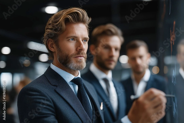 Fototapeta Business professionals in tailored suits engaging in strategy session modern office corporate environment close-up view