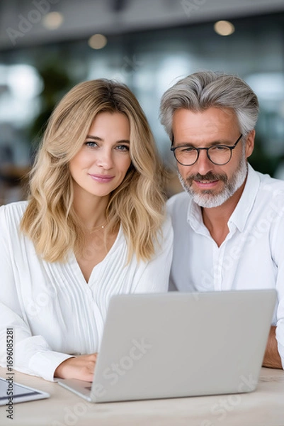 Fototapeta Mature executive manager collaborating with colleague in modern office environment