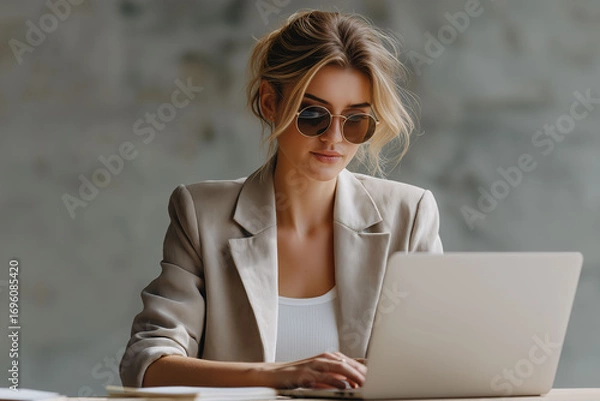 Fototapeta Empowered businesswoman coding in tailored suit modern office lifestyle photography professional environment focused viewpoint