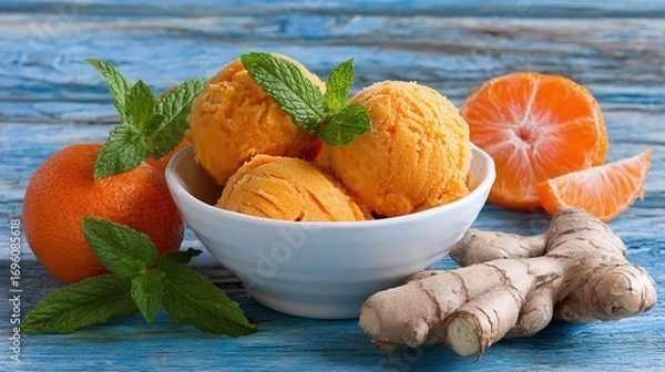 Fototapeta Refreshing scoops of bright orange fruit sorbet in a white bowl, garnished with fresh mint, alongside whole and sliced mandarin and ginger root.