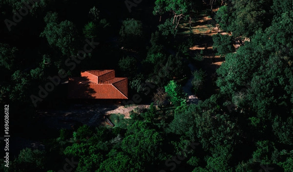 Fototapeta a house with an orange roof in the middle of the forest