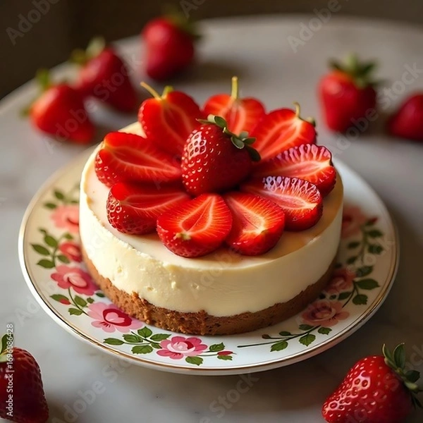 Fototapeta Fresh strawberry cheesecake with fruit high resolution image