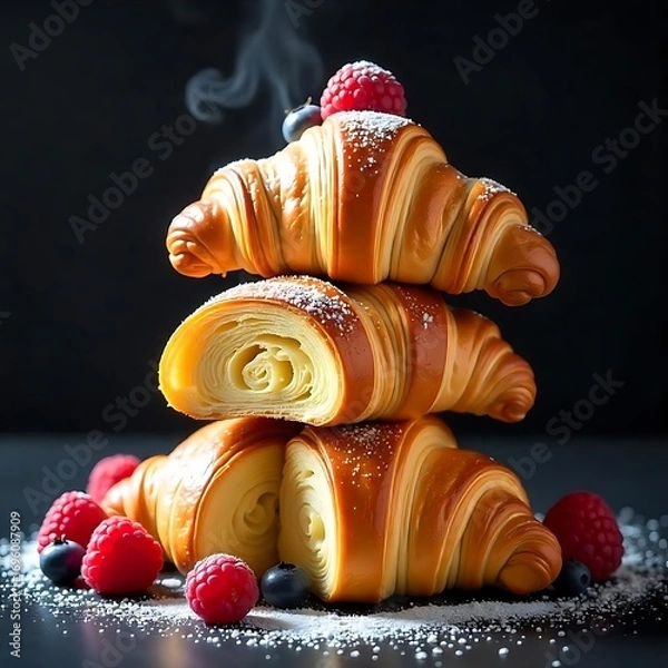 Fototapeta Gourmet croissants with raspberries and blueberries high resolution image