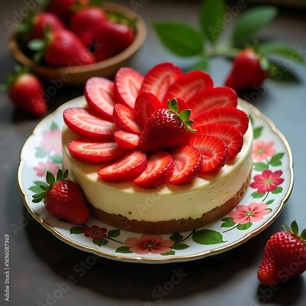 Fototapeta Gourmet dessert with fresh sliced strawberries high resolution image