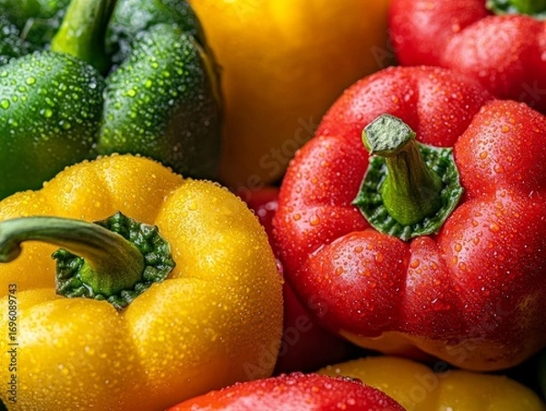Fototapeta Close-up of vibrant red, yellow, and green bell peppers with water droplets on their surface