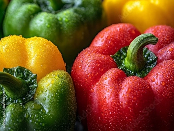 Fototapeta Close-up of vibrant red, yellow, and green bell peppers with water droplets on their surface
