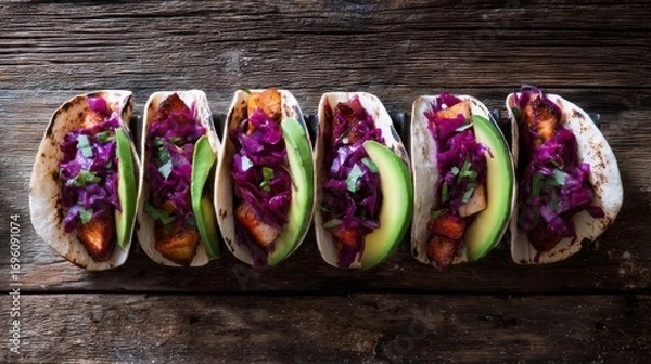 Obraz Six flavorful tacos with seasoned meat, purple cabbage, green avocado, and fresh cilantro on warm tortillas,