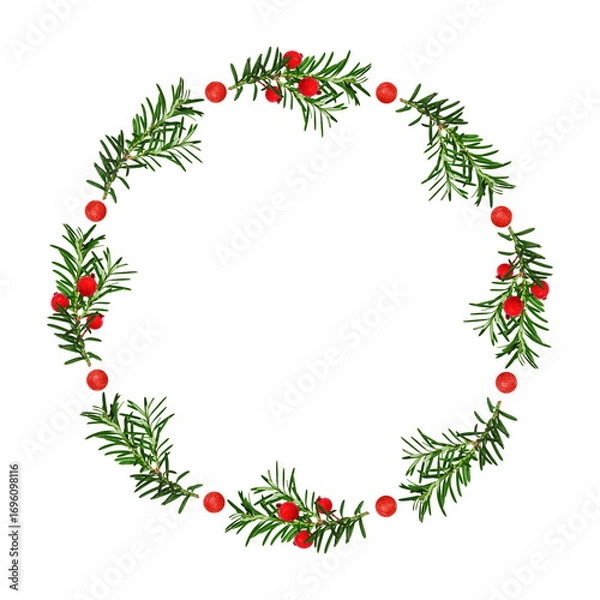Fototapeta Round Christmas holiday frame with conifer branches, red decorative berries, and gold stars. Winter festive wreath for greeting cards, invitations, collages.