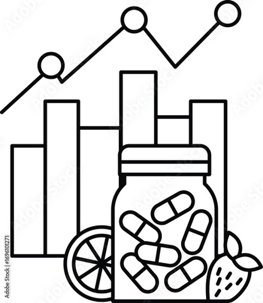 Fototapeta A black and white drawing of a jar of pills and a slice of orange