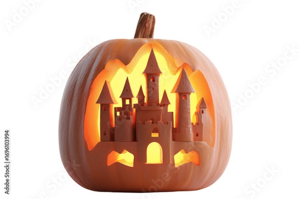 Fototapeta A Halloween jack-o’-lantern shaped like a castle, isolated on a transparent background.