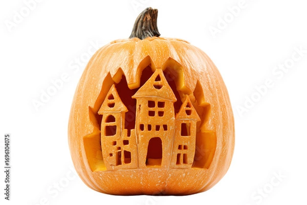Fototapeta A Halloween jack-o’-lantern shaped like a castle, isolated on a transparent background.