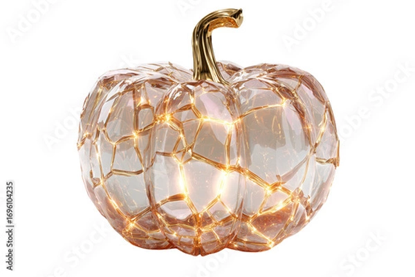Fototapeta A Halloween pumpkin made of crystal with glowing cracks, isolated on a transparent background.